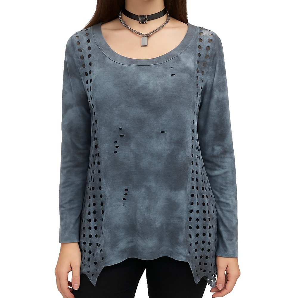 Womens M Blue Distressed Long Sleeve Top Hole Detail Grunge Punk Baddie Shirt